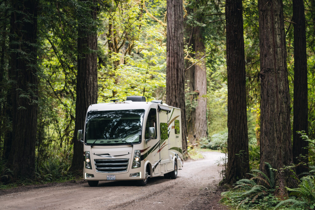 an RV driving through the redwoods