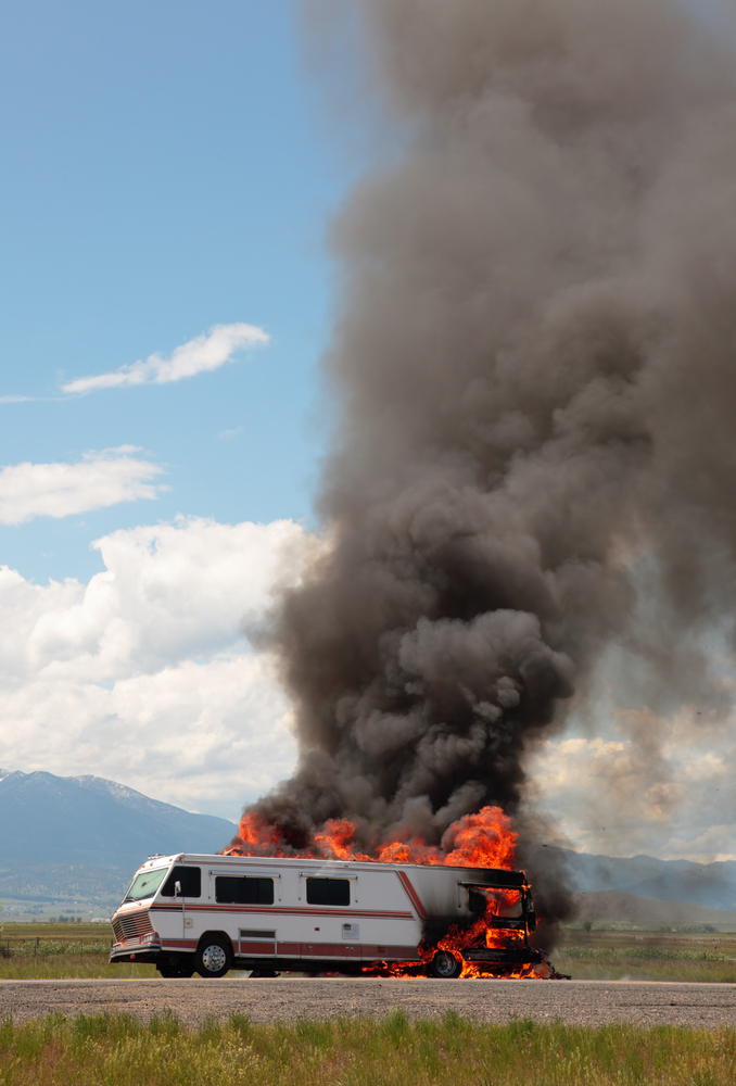 an RV camper on fire