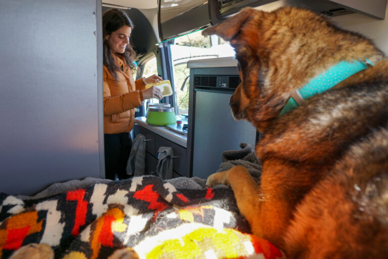 a woman cooking in an campervan