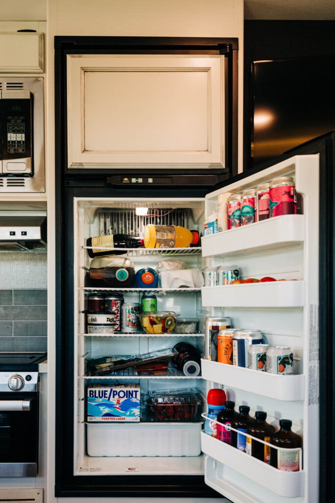an RV fridge full of food