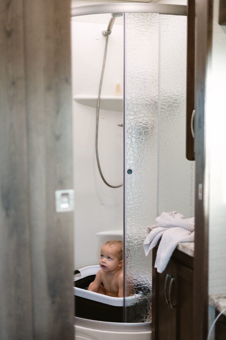 a baby in an RV shower