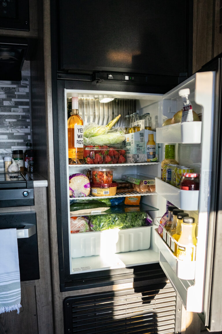 An open RV refrigerator
