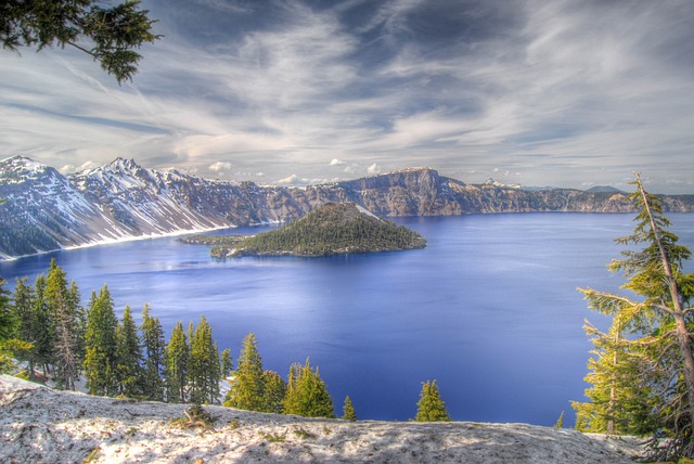 Crater Lake surrounded by snow