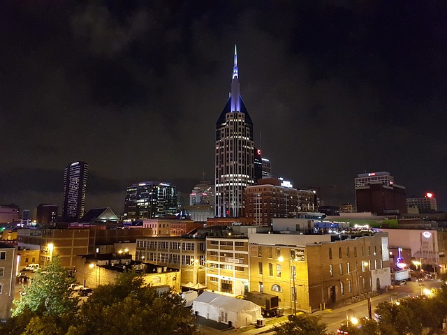 downtown Nashville lit up at night