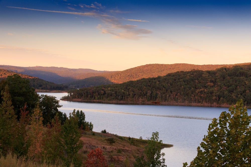A lake and views of the Boston Mountains in Arkansas
