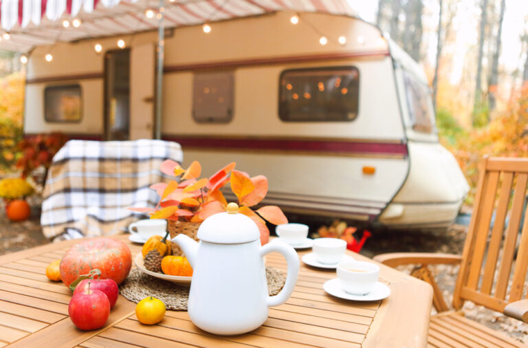 Retro trailer decorated for fall