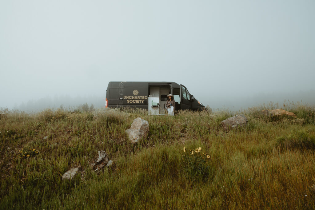 a campervan on a misty morning