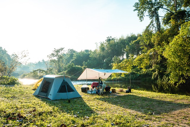 a campsite in a green space near a lake