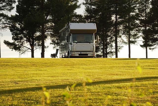 an RV parked on a grassy campground