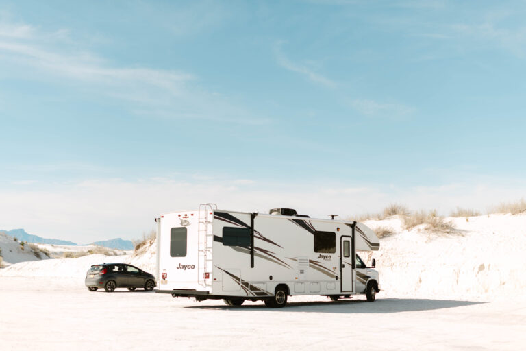 an RV parked in the desert