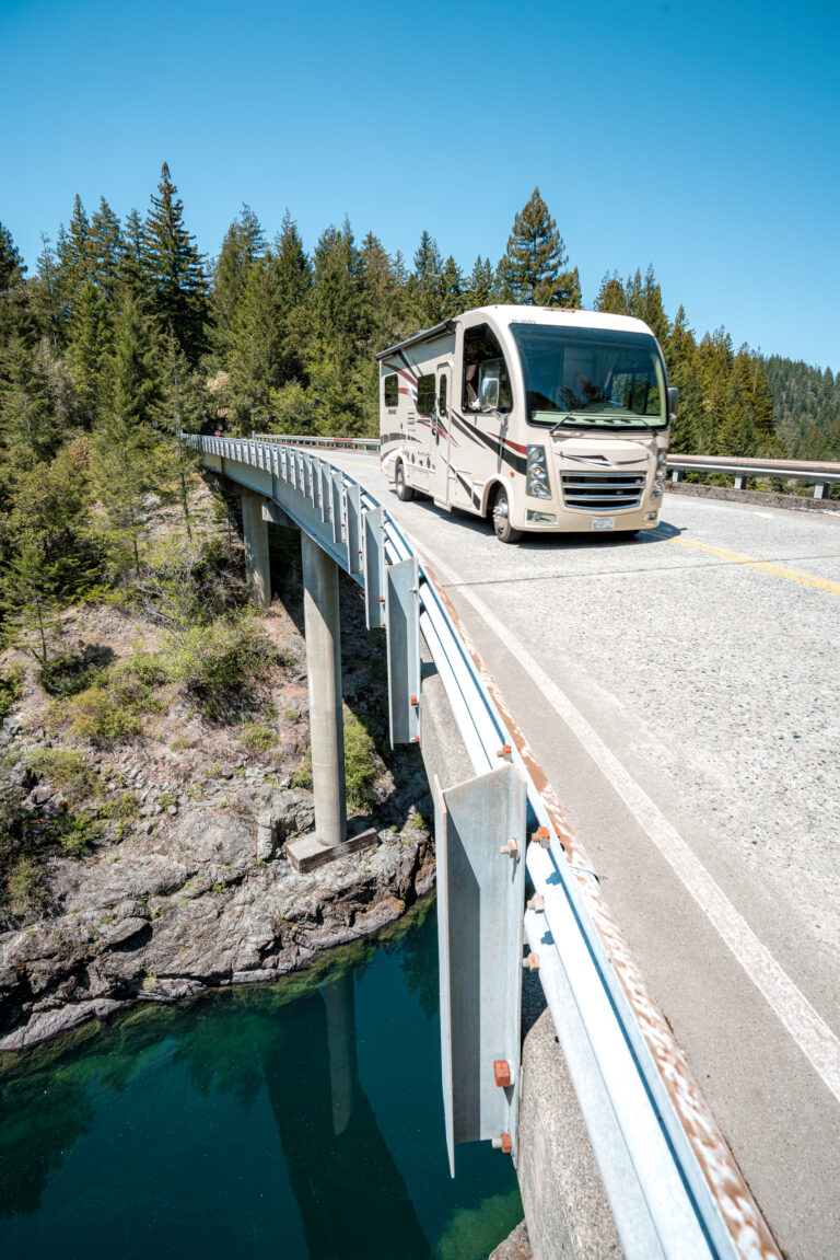 an RV crossing a bridge