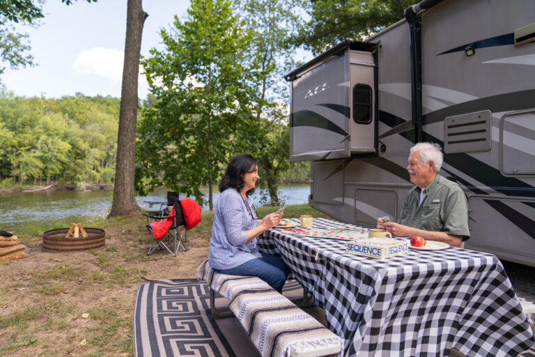 An older couple playing a game at a picnic table