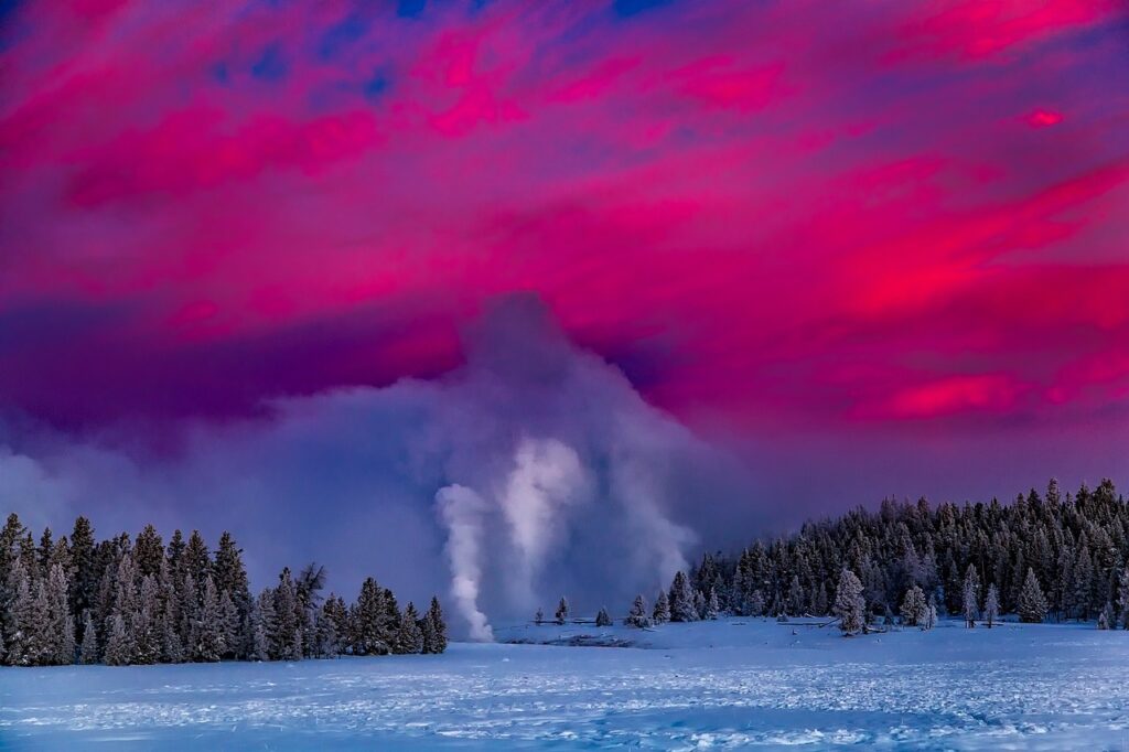 a geyser in the snow at Yellowstone National Park