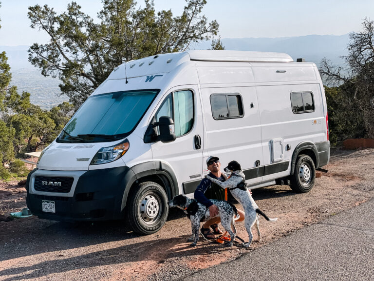 a man and his dogs in front of a Class B camper