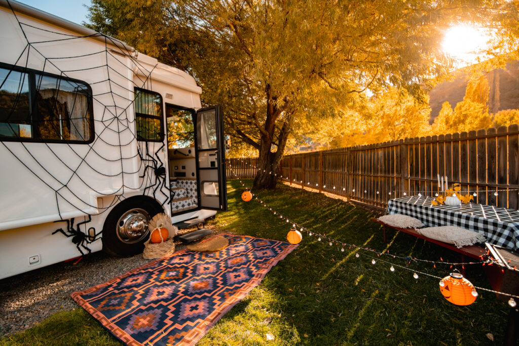 An RV with Halloween decorations