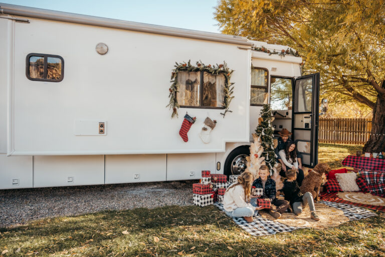 an RV decorated for Christmas
