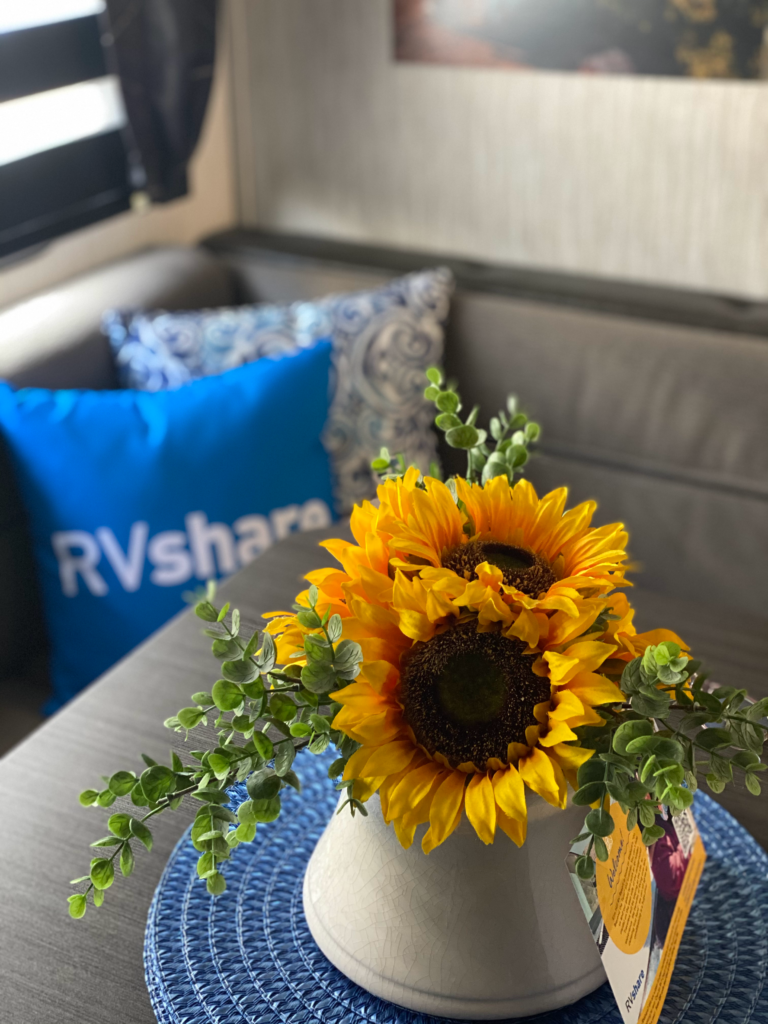 Flowers on a table in an RV