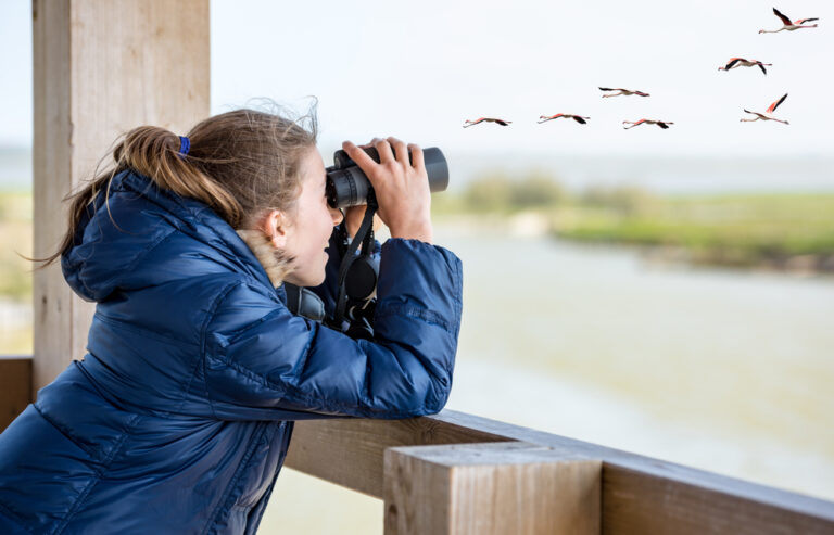 a woman with binoculars watching birds