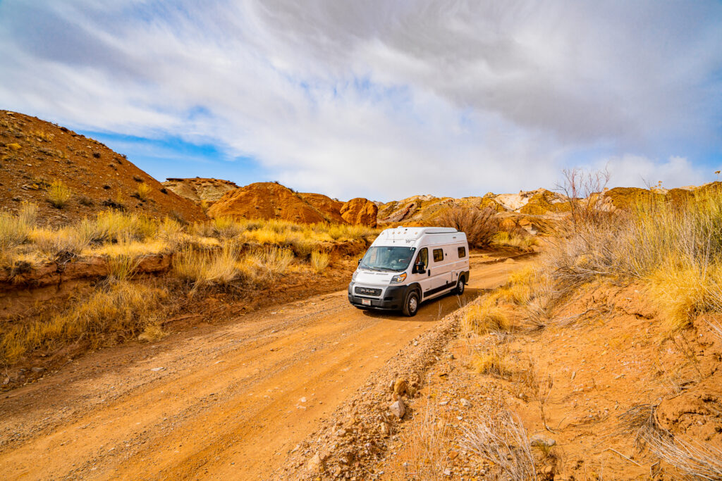 a campervan on a dirt road