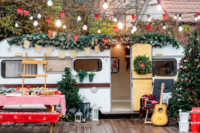 an RV decorated for Christmas