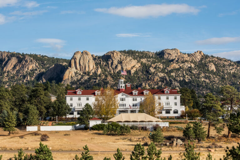 The Stanley Hotel against the Rocky Mountains