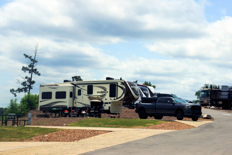 a trailer parked at an RV campground