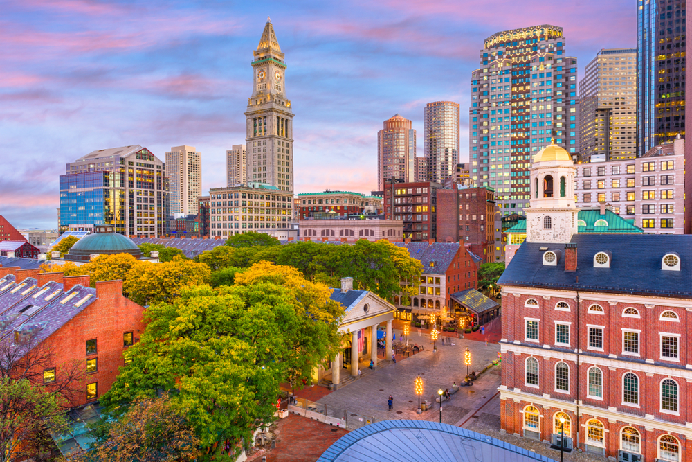 Faneuil Hall and Boston at dusk