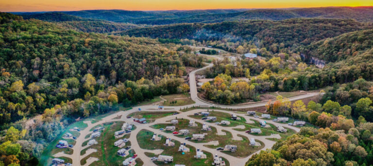 Aerial view of an RV campground
