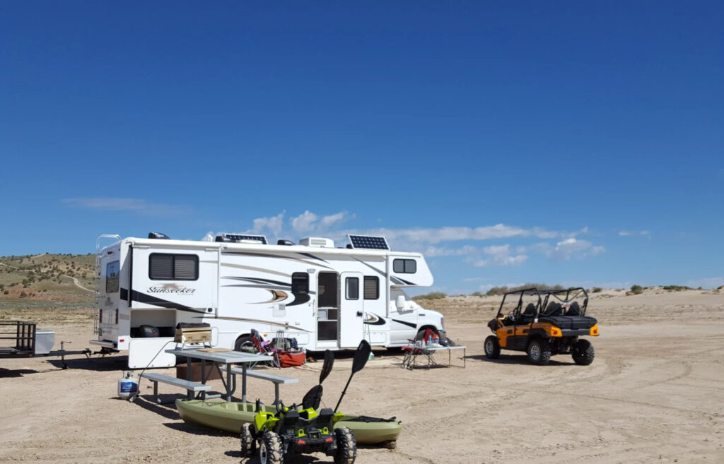 RV dry camping in the desert with solar panels