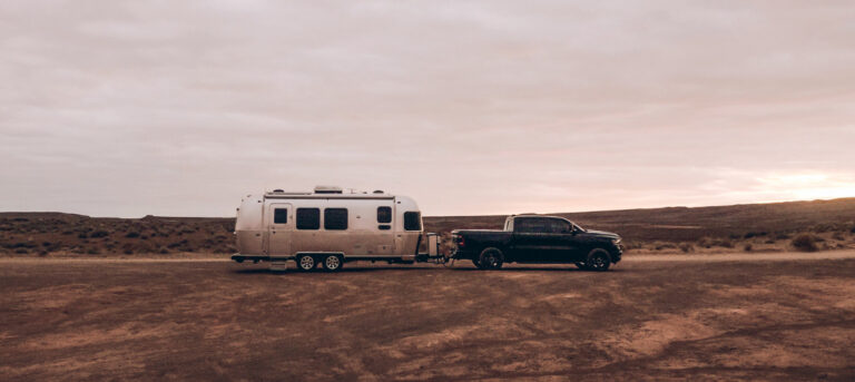 pickup truck towing an airstream trailer