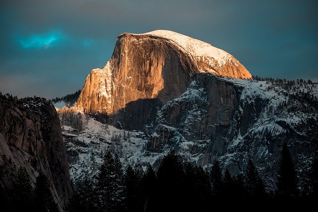snow-covered Half Dome at Yosemite National Park