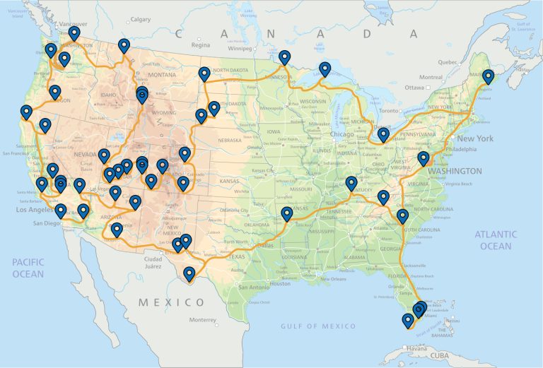 map of the u.s. with national parks plotted