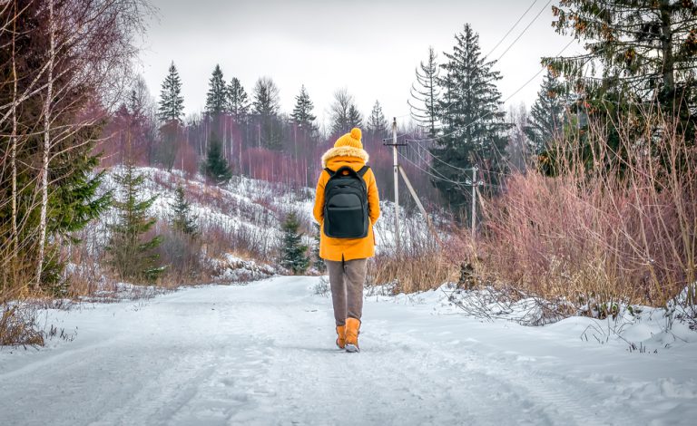 A hiker walks in the woods with a backpack on a snowy road