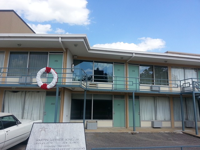 Lorraine Motel exterior with white and red wreath