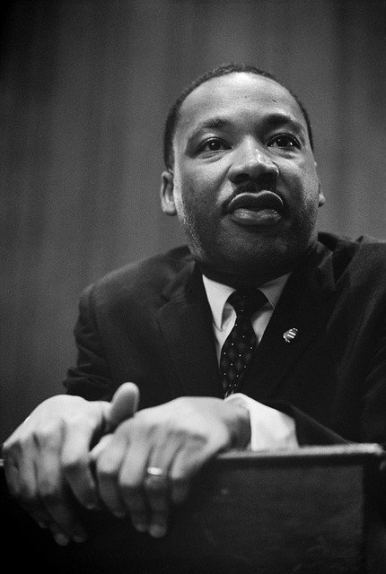 MLK at podium, black & white photo