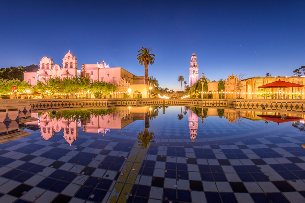 Balboa Park, San Diego, California, USA plaza fountain at night.