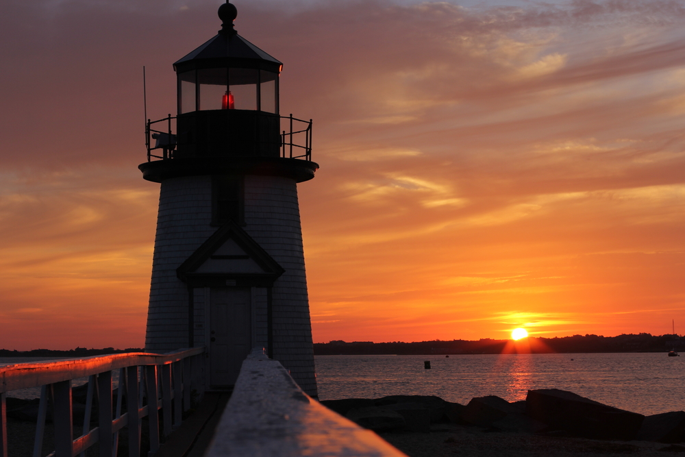 Brant Point Sunrise. Morning Lighthouse Sunrise on Brant Point, Early Morning Reflections in Natucket