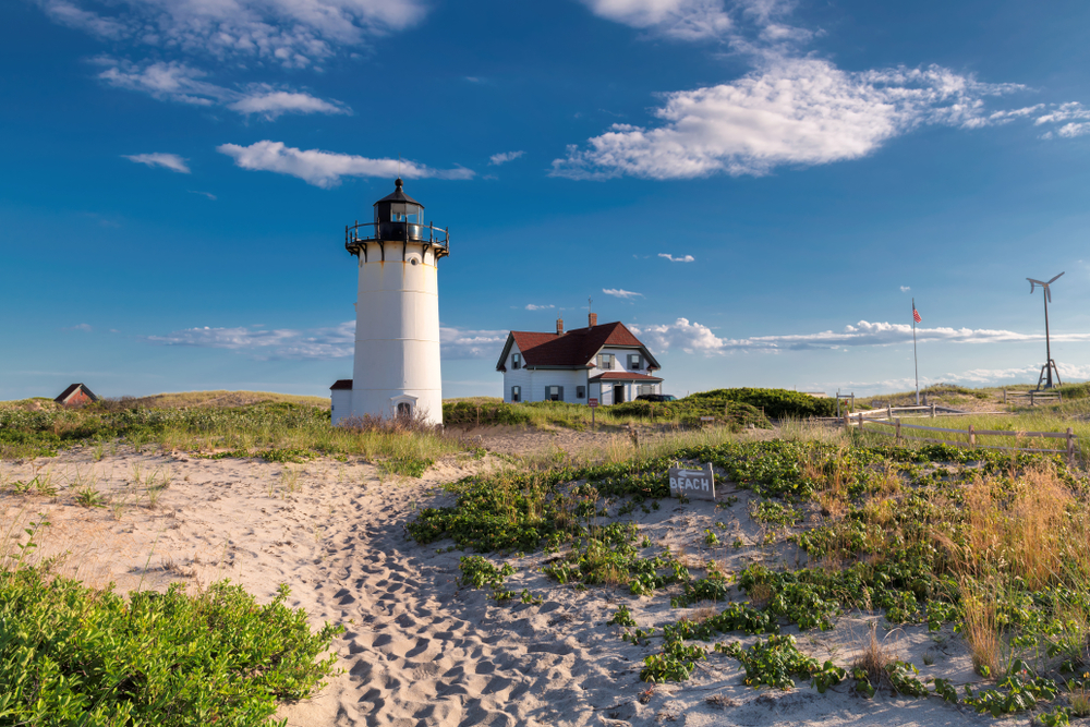 Lighthouse Point on beach dunes. Race Point Light Lighthouse in Cape Cod, New England, Massachusetts, USA.