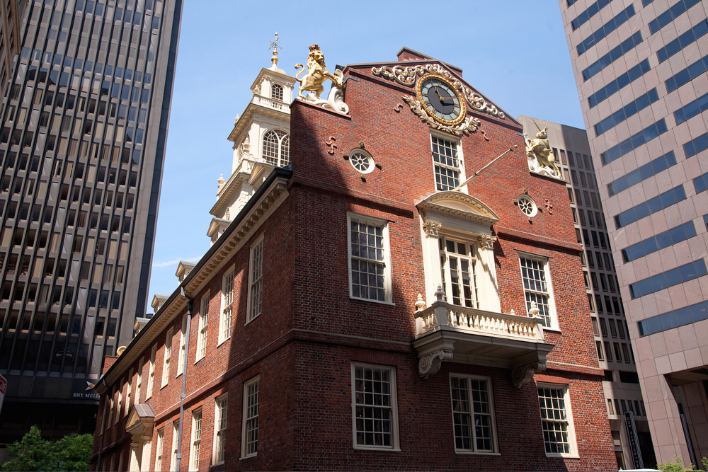 Old South Meeting House, the site of March 5, 1770 Boston Massacre at Freedom Trail in Boston, MA