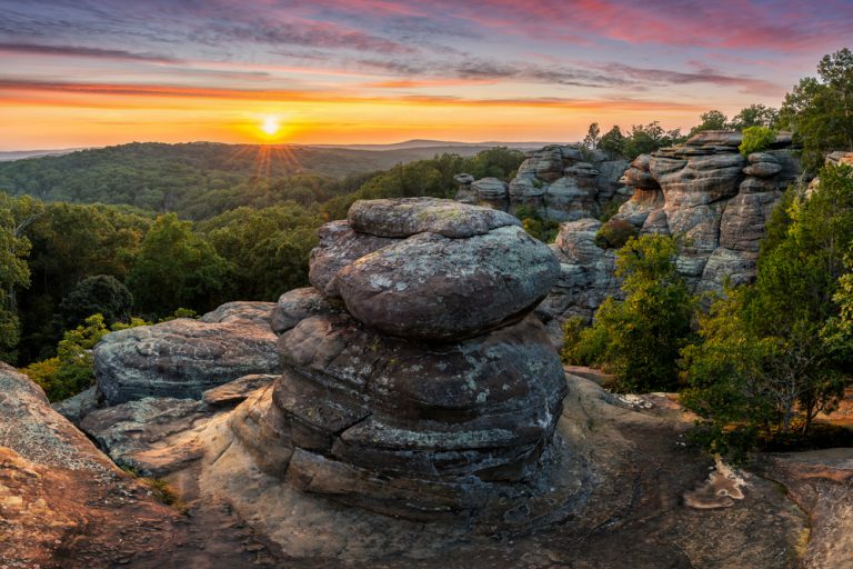 A colorful sunset over the sandstone hoodoo's at Shawnee National Forest's Garden of the Gods.