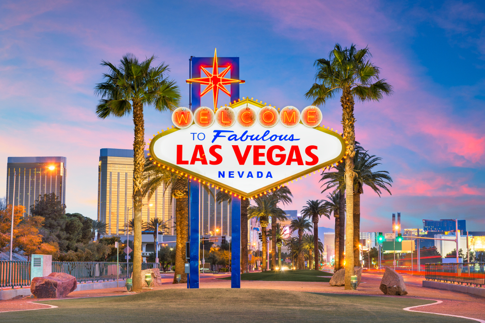 Las Vegas, Nevada, USA at the Welcome to Las Vegas Sign at dusk.