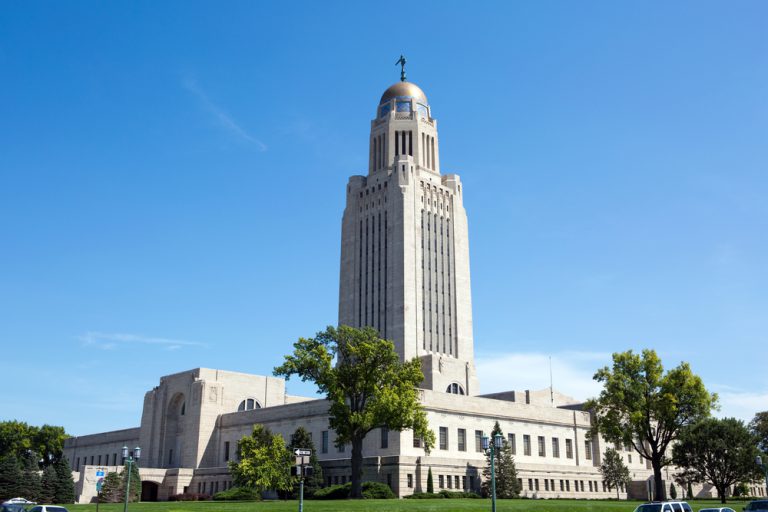 Nebraska State Capitol building is located in Lincoln, Nebraska, USA.