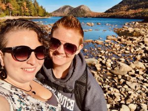 Selfie of two wives at Jordan Pond and The Bubbles in Acadia National park