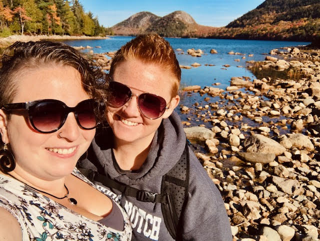 Selfie of two wives at Jordan Pond and The Bubbles in Acadia National park