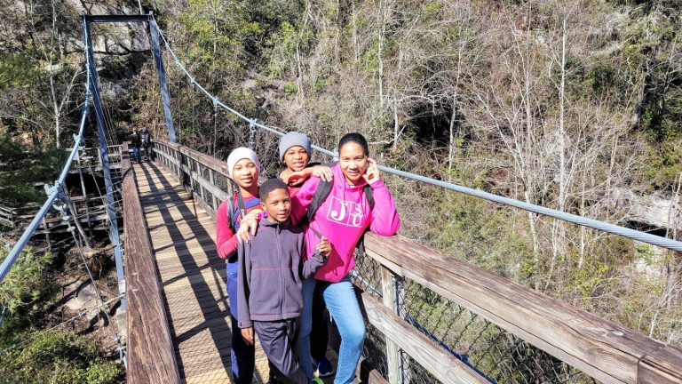 Mother and three sons stand on a bridge overlooking a gorge
