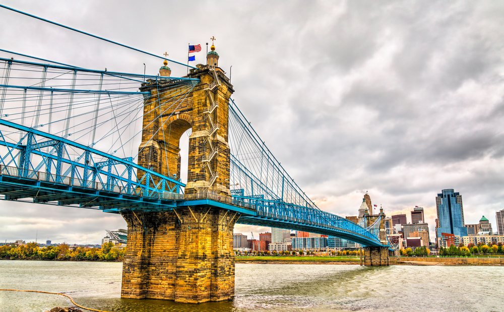 John A. Roebling Suspension Bridge between Cincinnati, Ohio and Covington, Kentucky spanning the Ohio River. United States