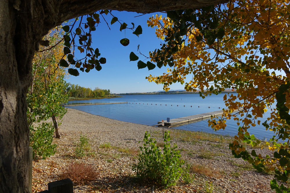 Autumn leaves color the scene at Lake Lowell, near Nampa, Idaho.