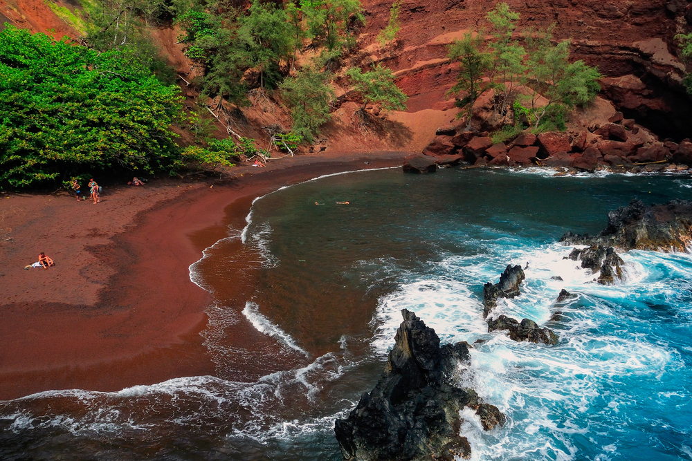 Hawaii Maui Hana Kaihalulu red sand beach