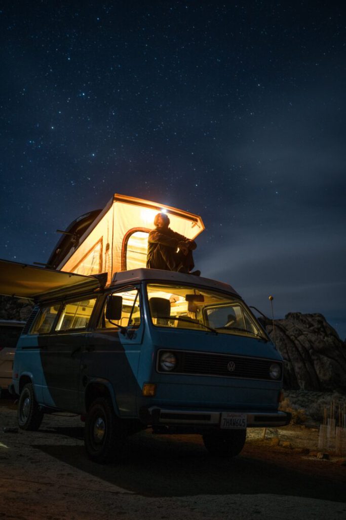 a campervan with lights in the roof