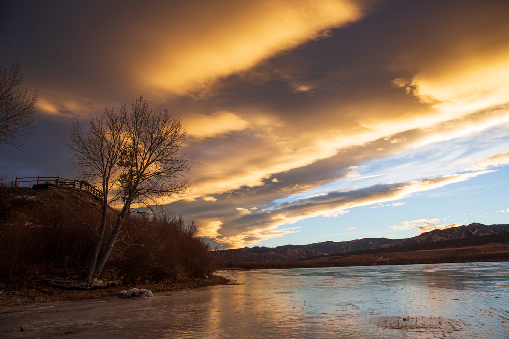 Landscape view of Chatfield State Park during sunset in Littleton, Colorado.
